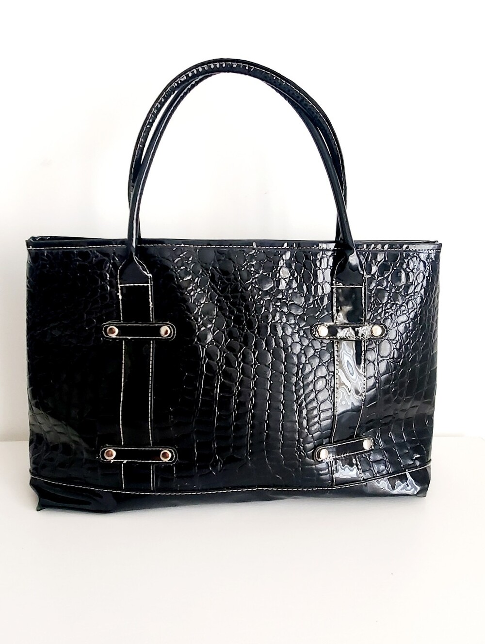 Pattent Black Crocodile-Embossed Tote Bag